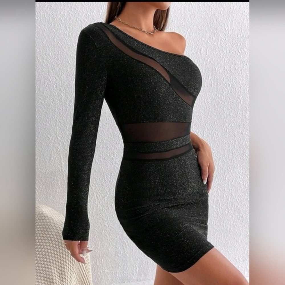 SHEIN Black One-Shoulder Mesh Bodycon Dress Large Never Worn
